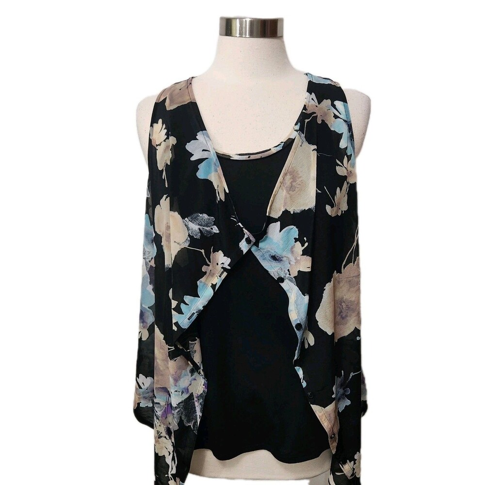 Simply Vera Vera Wang Womens Top Large  Black Floral Fly Away Front Sleeveless